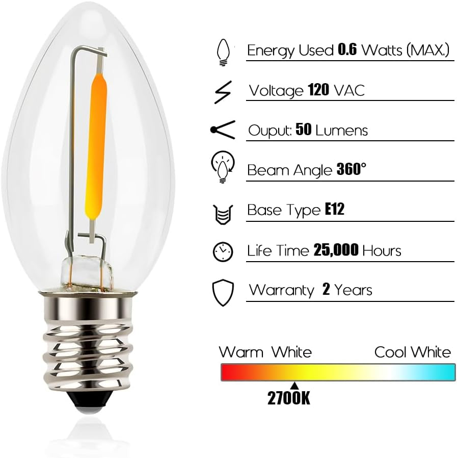 Night Light Bulbs, C7 Candelabra LED Light Bulbs, E12 Chandelier Base, 4W 5W 6W 7W Incandescent Equivalent, Warm White, 2700K, Clear, 4 Pack