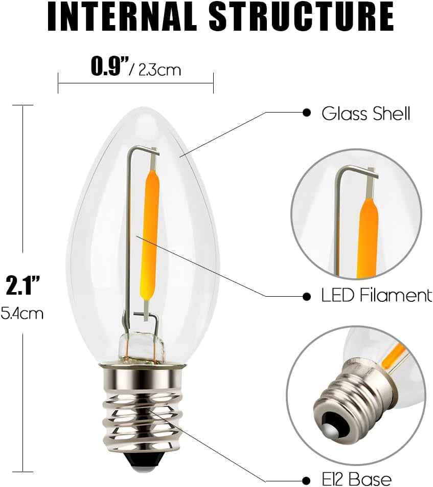 Night Light Bulbs, C7 Candelabra LED Light Bulbs, E12 Chandelier Base, 4W 5W 6W 7W Incandescent Equivalent, Warm White, 2700K, Clear, 4 Pack